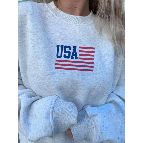 ⚡Women Gray Usa Imported Graphic Crewneck Casual Long Sleeve Pullover Sweatshirt - Picture 3 of 4